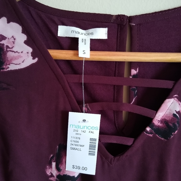 Maurices Long Sleeve Burgundy Floral Print Dress - Picture 2 of 4